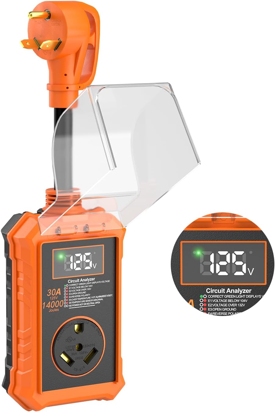Rv Surge Protector 30 Amp with Smart LED Display, 14000J Circuit Analyzer Waterproof with Auto Shutoff & Reset for High/Low Voltage, 30 Amp Rv Surge Protector for Camper, Travel Trailer