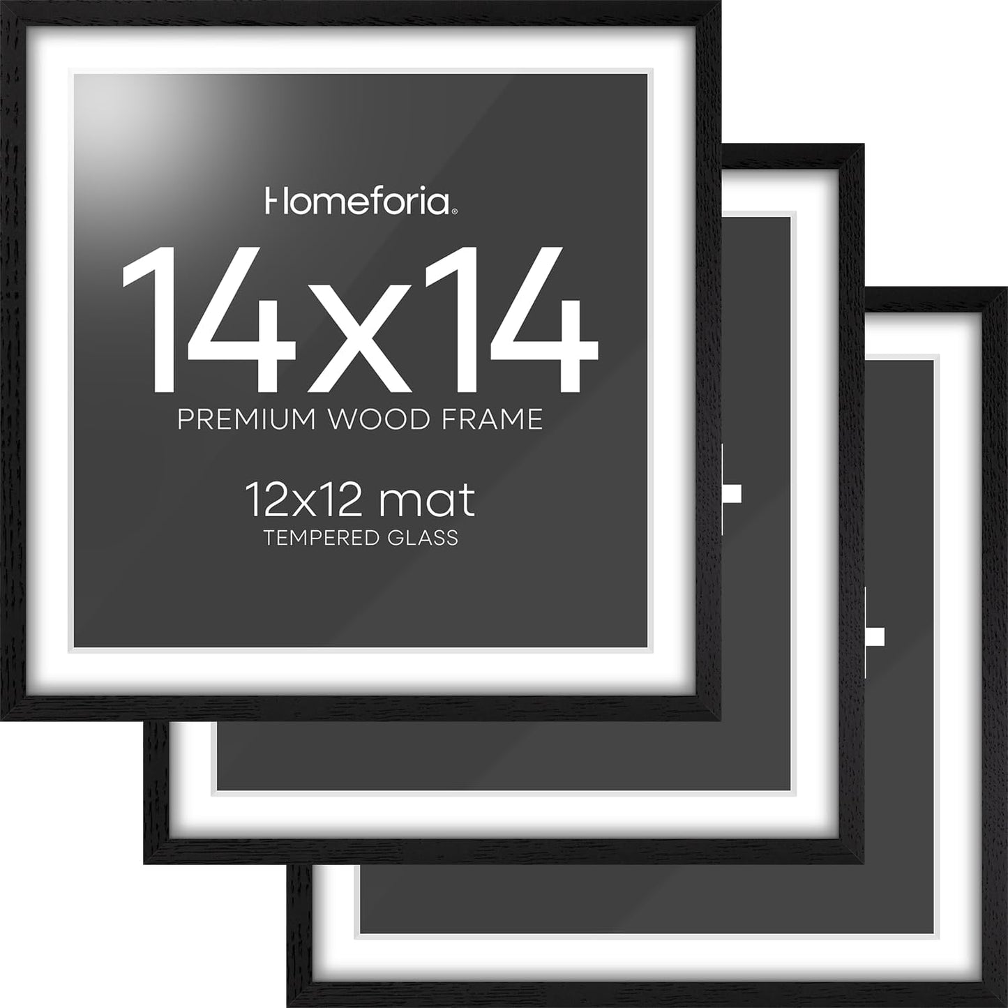 Homeforia 14x14 Black Wood Frame, High End Oak 14 x 14 Square Picture Frames with Mat 12 by 12 inches Photo, 14by14 Black Wooden Poster Frames Matted to 12x12 Print, Tempered Glass, Wall Kit, Set of 3