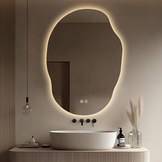 LED Mirror for Bathroom 25x35, Stepless Dimmable Irregular Backlit Mirror with 3 Colors, Anti-Fog, Memory, Al-Alloy Lampshade, Frameless Vanity Mirror for Bathroom (Horizontal/Vertical)