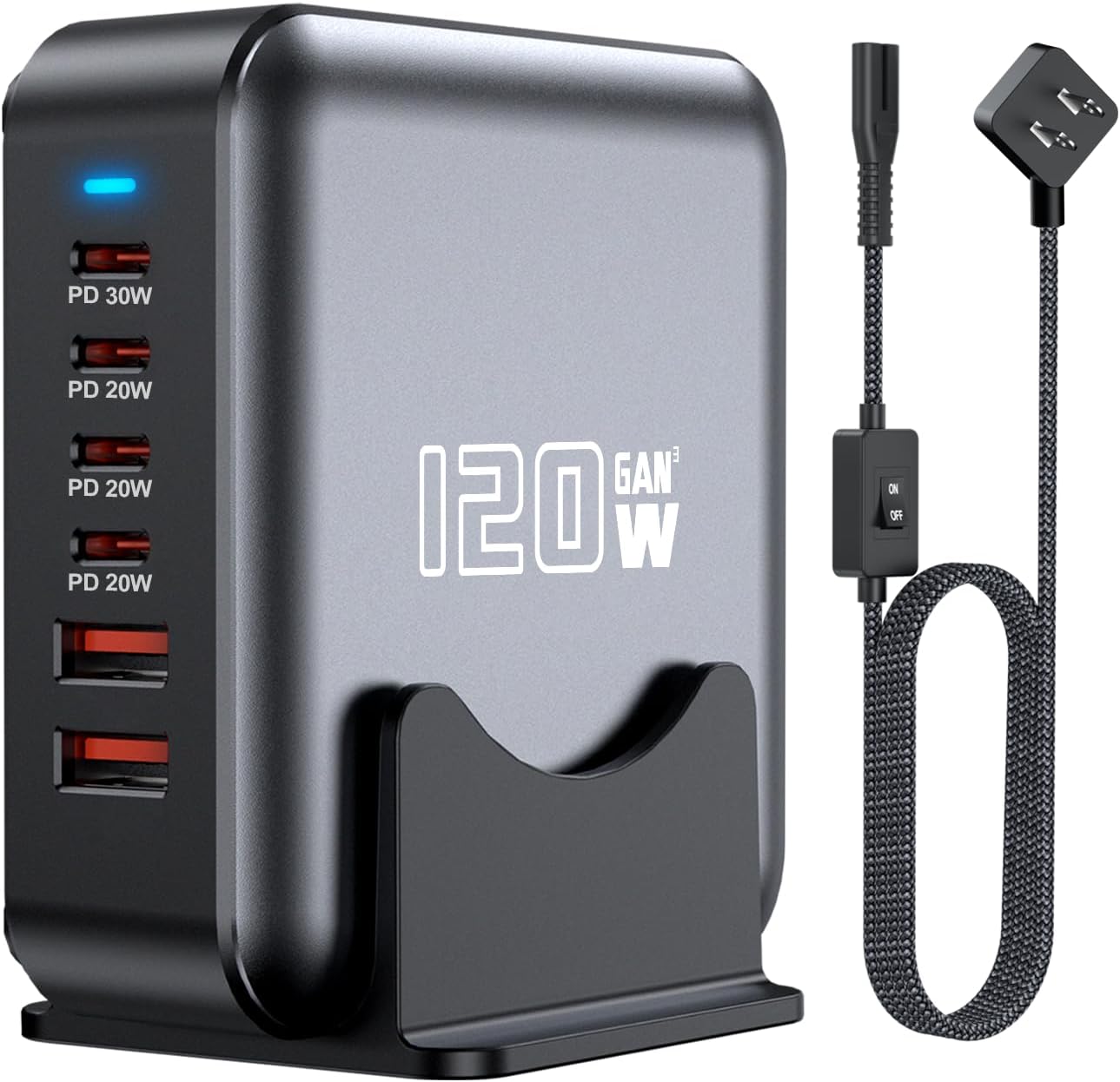 USB C Fast Charger Block, 120W 6-Port Charging Station Hub Adapter, USB C Wall Multi Charger Power Strip Plug with On/Off Switch for iPad iPhone 17 16 15 14 13 12 Pro Max Galaxy S23 (Black)