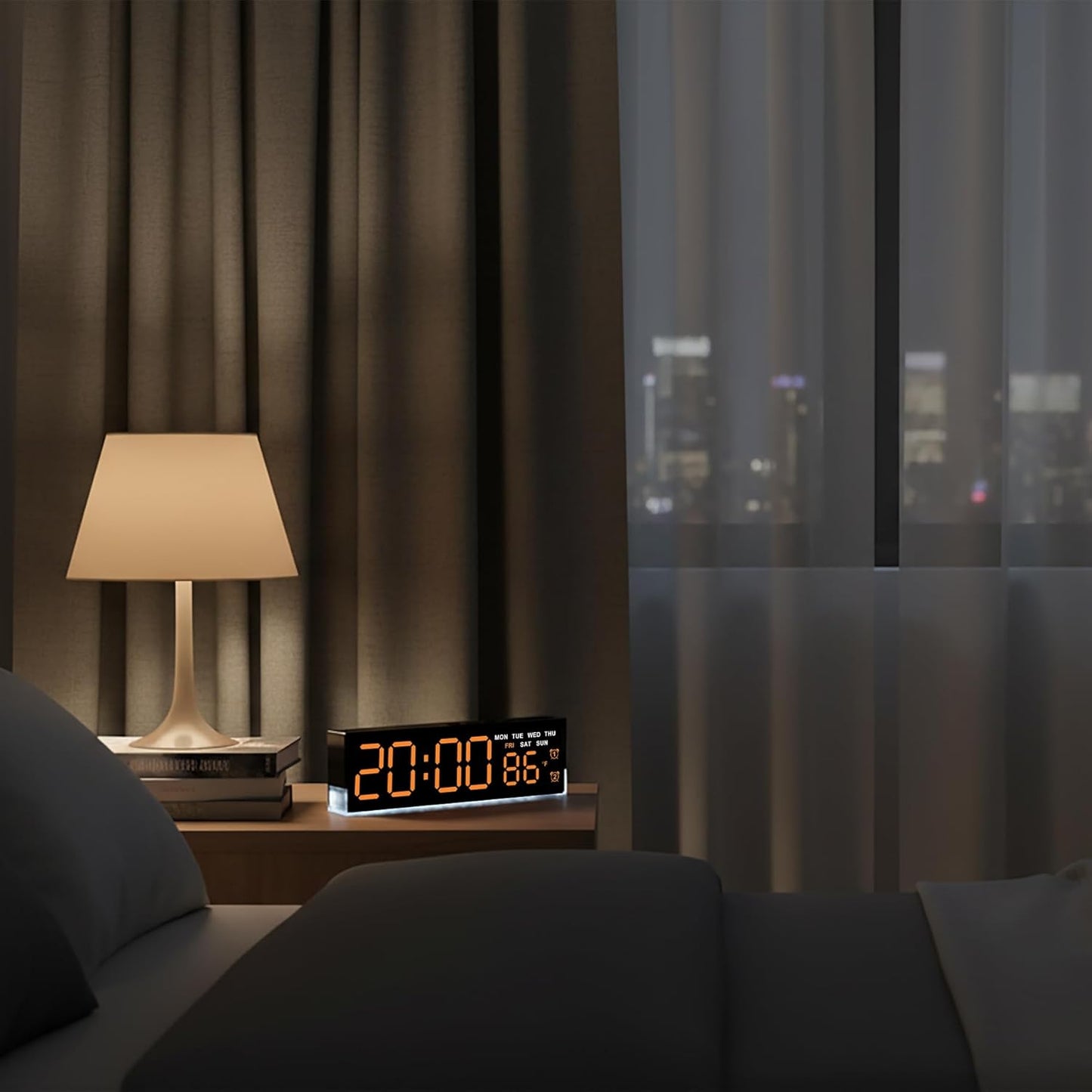 zyzamay 7-Inch Modern LED Digital Alarm Clock with Dual Alarms & Soft Bottom Light｜Displays Time, Date, Day, Temperature｜3-Level Auto/Manual Brightness,DST, USB or Battery Powered Desk Clock,Orange