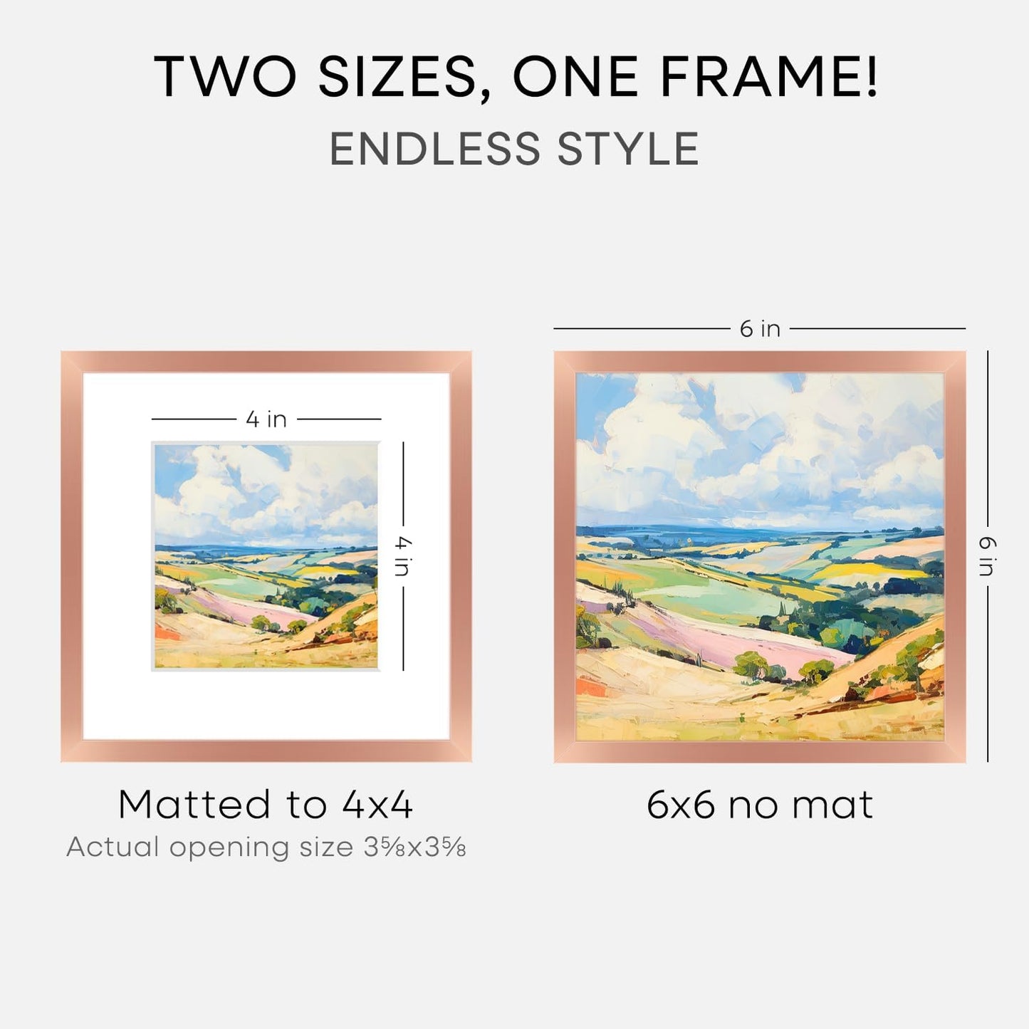 Homeforia Rose Gold Frame 6x6, High End Metal 6 x 6 Square Picture Frames with Mat 4 by 4 Art, 6x6 Photo Frame Matted to 4x4 inch Print, 6by6 Wall or Tabletop Frames, Tempered Glass, Wall Kit, Set of 1