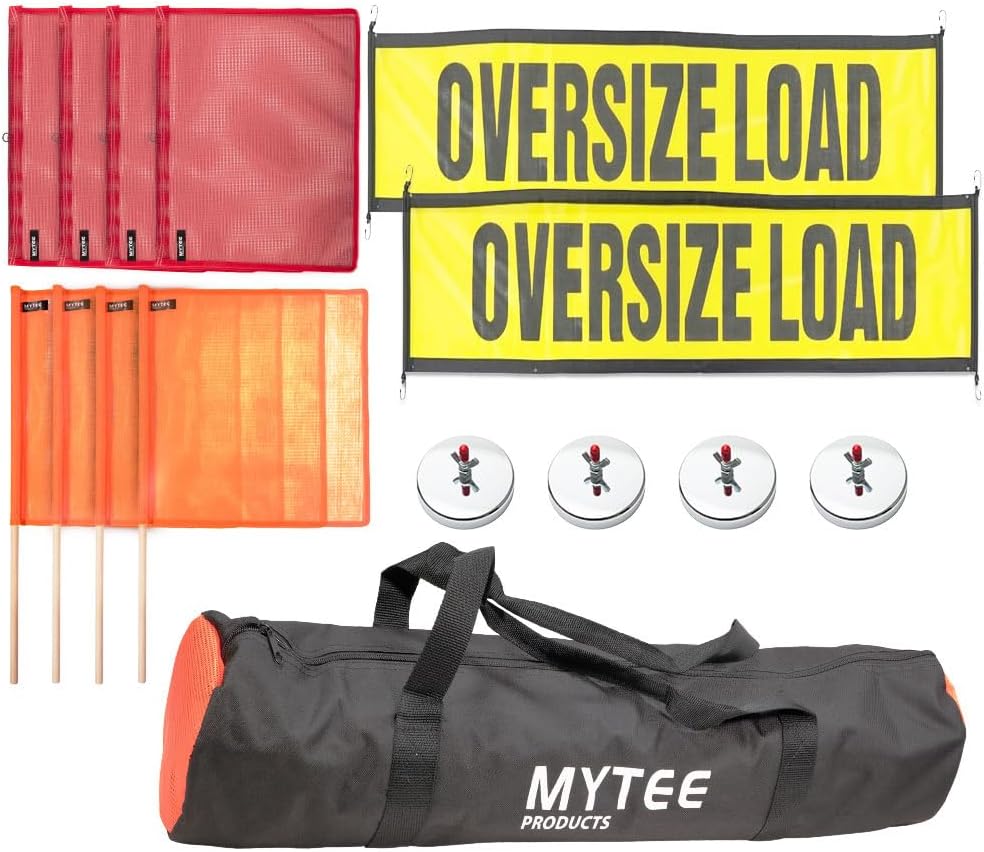 Mytee Products 15 Pcs Magnetic Oversize Load Sign Kit - 2 Mesh Oversized Load Banner, 8 Pcs Mesh Warning Flag w/Wood Dowel & Wire Loop, 1 Bag & 4 Magnetic Flag Holder for Construction, Pedestrian Sign