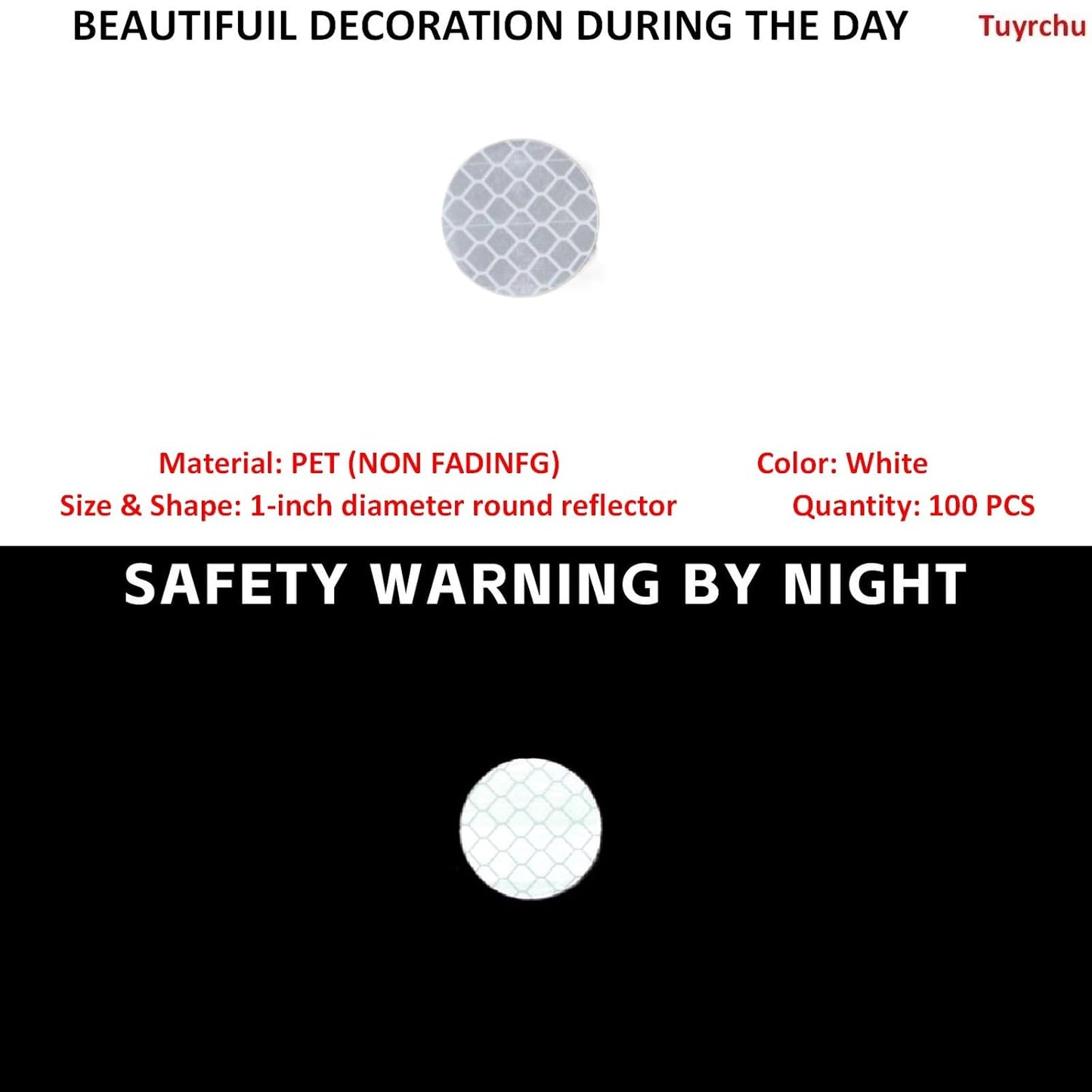 Non Fading White Reflective Stickers 1-inch Diameter Round Reflector, Outdoor Waterproof High Visibility Warning Adhesive Tape (100 Pcs)