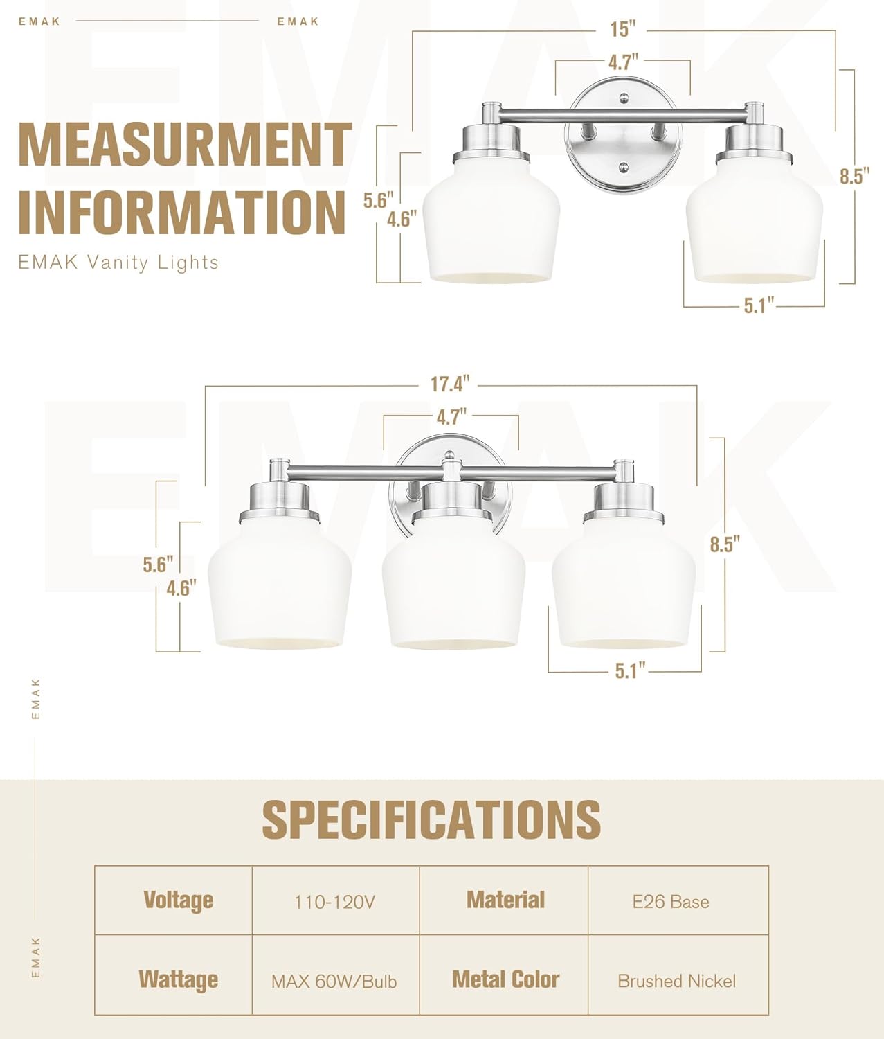 Emak Brushed Nickel Bathroom Light Fixtures, 2-Light Bathroom Vanity Light with Milk Glass Shade, Modern Vanity Lights for Bathroom, Mirror, VL122-BN-ML-2