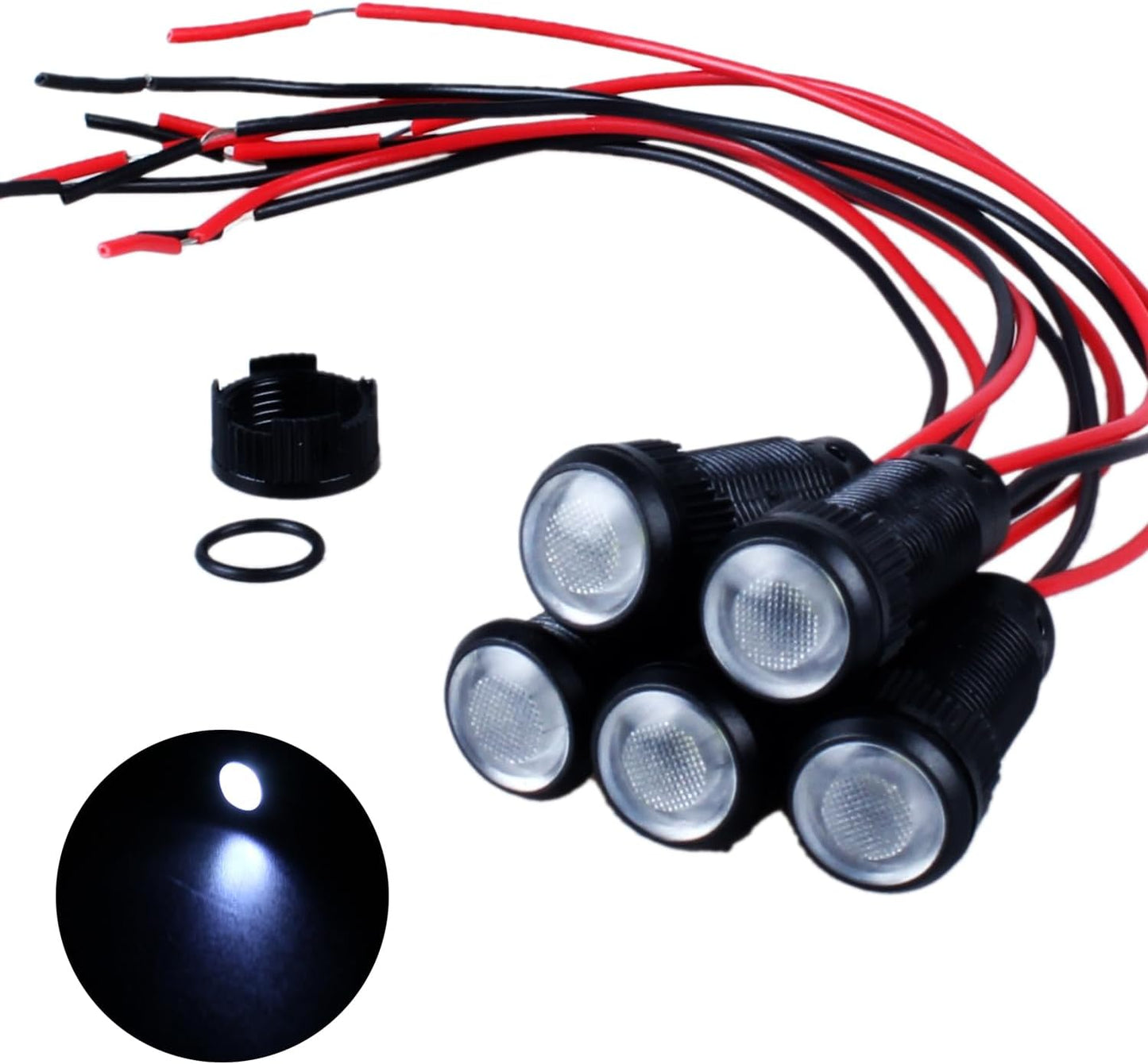 5pcs 10mm LED Indicator Light Plastic Black Signal Dot Lamp 110-220VAC 2/5" Mounting Hole Size with 15cm/5.9in. Wire (White LED)