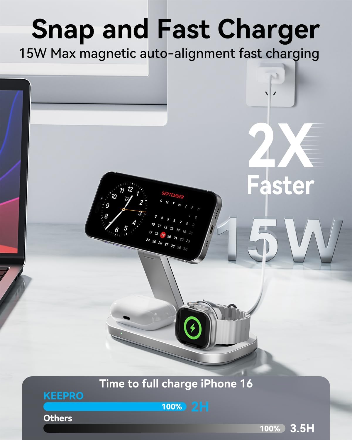 3 in 1 Wireless Charging Station for Apple Devices, Magnetic Foldable Fast Charger Stand Compatible with MagSafe for iPhone Air/17/16/15/14/13/12 Series, Apple Watch & AirPods Pro/4/3/2