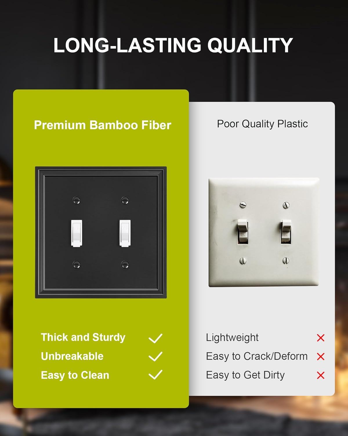 2-Pack Double Toggle Light Switch Cover Plate, Black Decorative Dual Switch Plate Covers, Natural Bamboo Fiber 2 Gang Wall Plate, Corrosion Resistant
