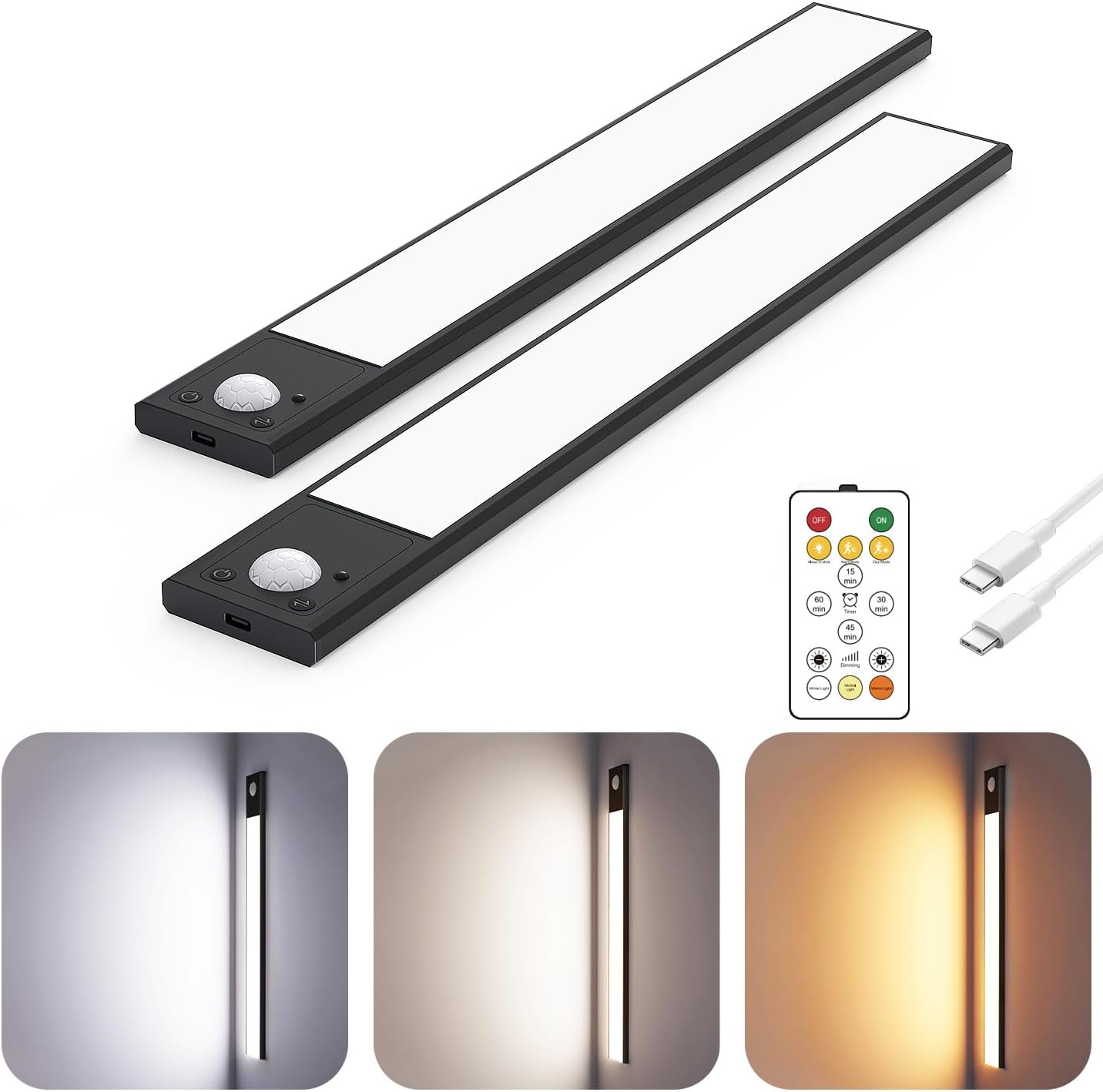 12" Ultra-Thin Under Cabinet Lighting Wireless, Aluminum Alloy Under Counter Lights for Kitchen, 3-Color-Temps Magnetic Closet Lights, Rechargeable Motion Sensor Light Indoor (2 Pack, Black)