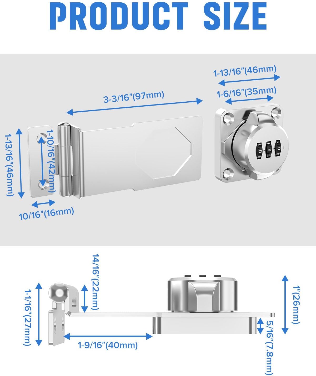 Cabinet Password Hasp Locks, 90 Degree Barn Door Lock, Household Security Combination Latch for Locker, Fence, Bathroom, Outdoor, Garden (Silver-1PC)