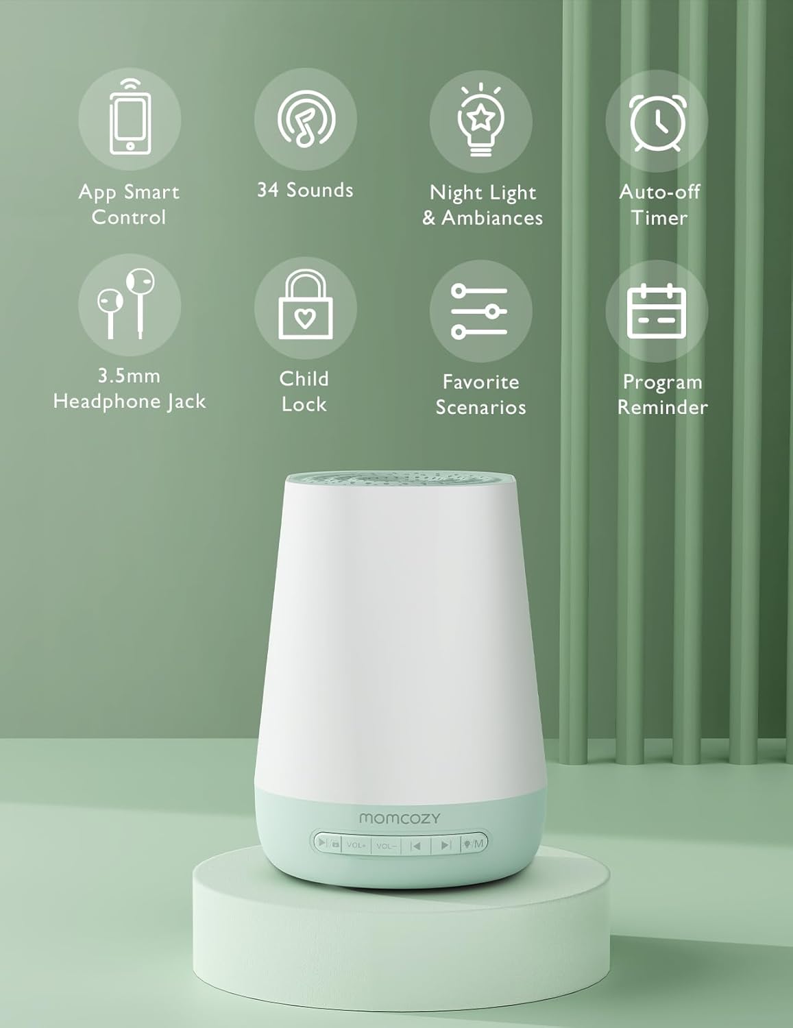Baby Sound Machine, Momcozy White Noise Machine for Baby Sleeping with Night Light, Toddler Sleep Trainer with 34 Soothing Sounds, Timer, App Remote Control, Personal Sleep Routine(Green)