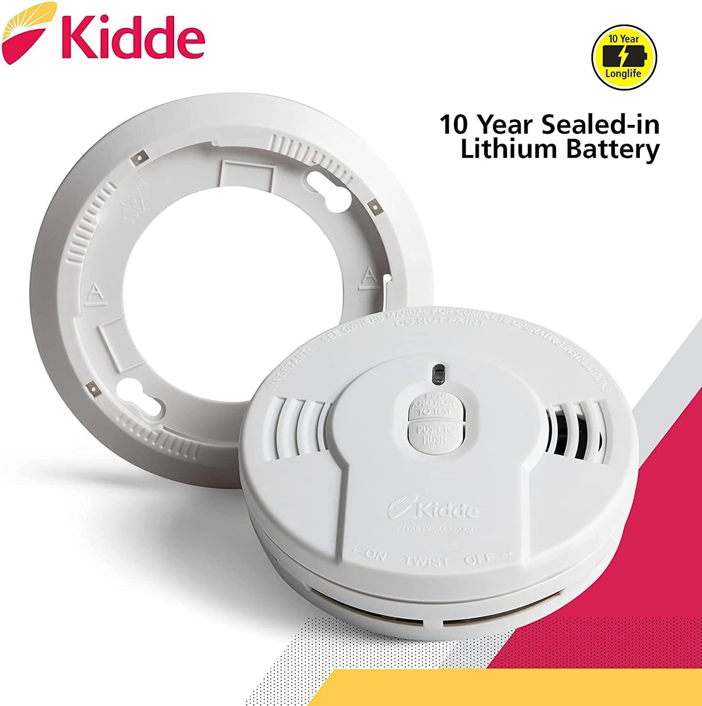 Kidde Smoke Detector, 10-Year Battery, LED Indicators, Replacement Alert, Test-Reset Button, 2 Pack