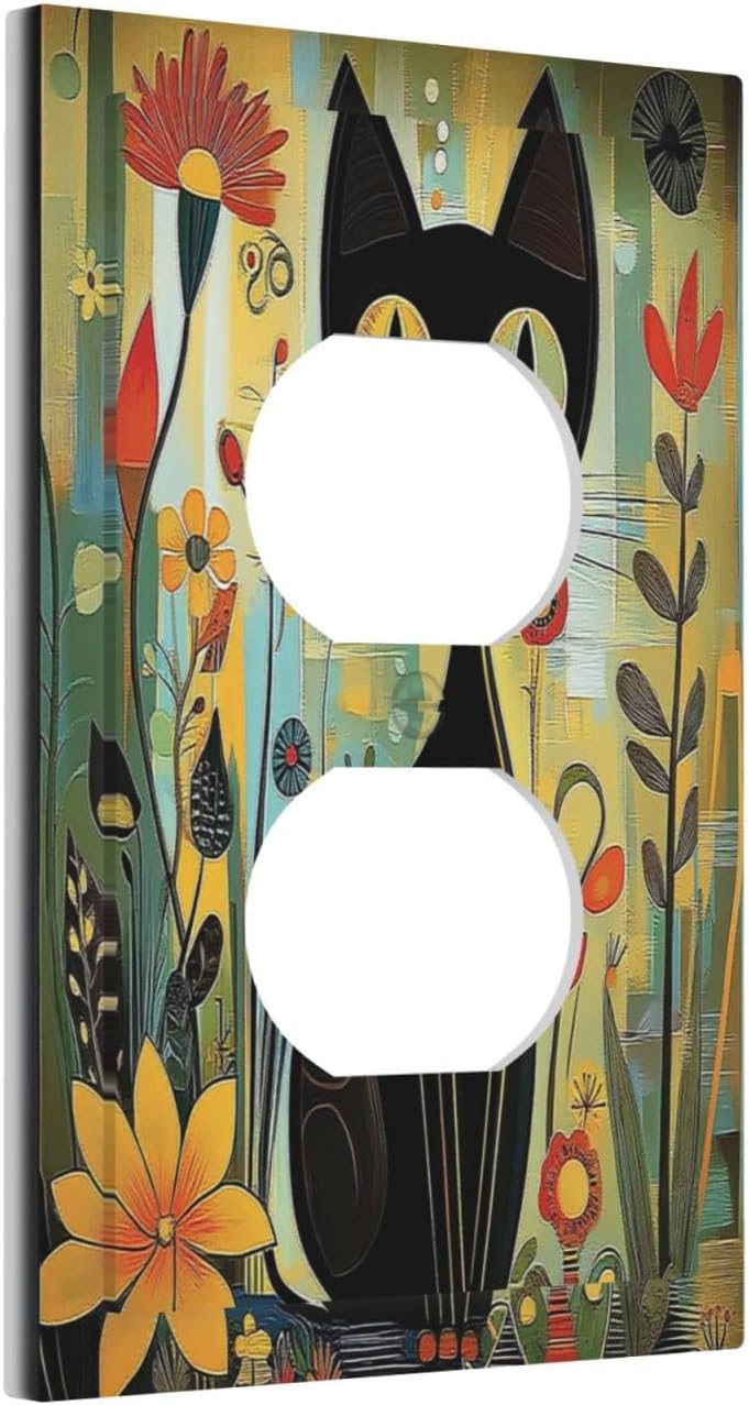 Funny Cat Retro Abstract Flowers Kitten Outlet Covers 1 Gang Duplex Light Switch Cover Decorative Switch Plates Electrical Receptacle Faceplate Wall Plate For Kids Room Bed Room Decor
