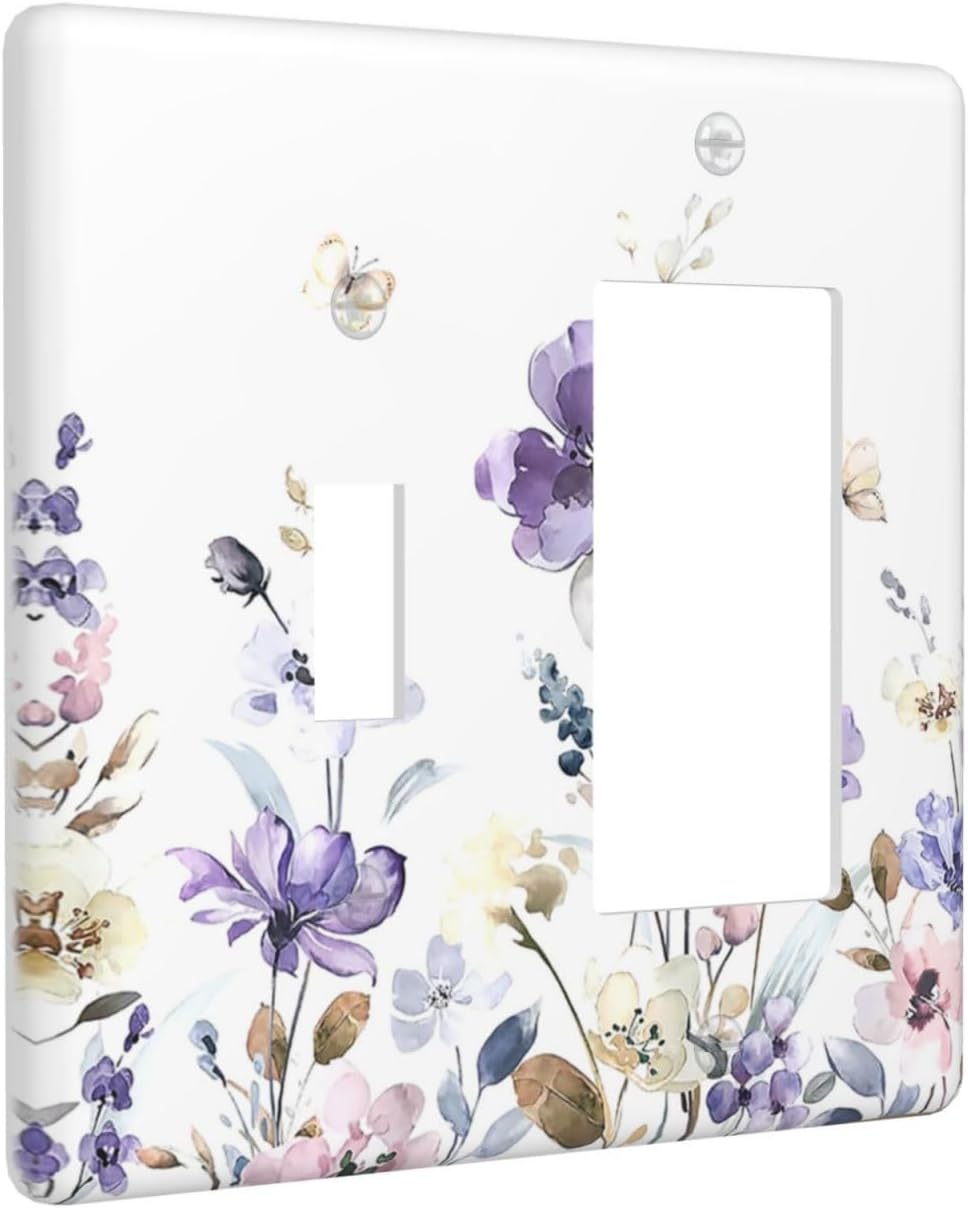 Outlet Covers Purple Floral Lilac Watercolor Flower Leaves Butterfly Wildflower 1 Toggle 1 Rocker Combination Decorative Wall Plate Light Switch Cover Plate Electrical Switch Plates for Bedroom Home
