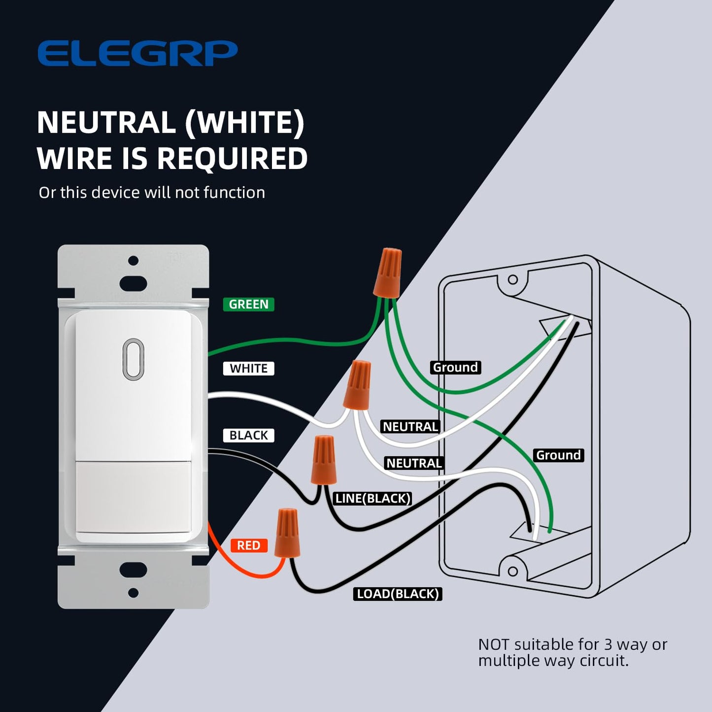 ELEGRP Matte White Single Pole Occupancy Motion Sensor Light Switch, Need Neutral Wire, 120° Sensor Coverage PIR Infrared Motion Activated, for CFL/LED/MLV/INC/HAL/Fan, UL, 6 Pack