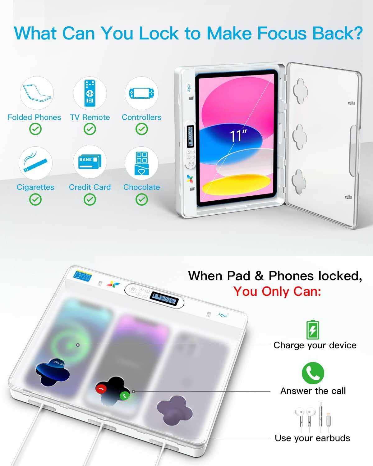 ySky Phone Lock Box with Timer for iPad Under 11inch,Timed Lock Box for iPhone,Tablet,Folded mobiles,Phone Locker for Children to Reduce Screen Time to get focus back
