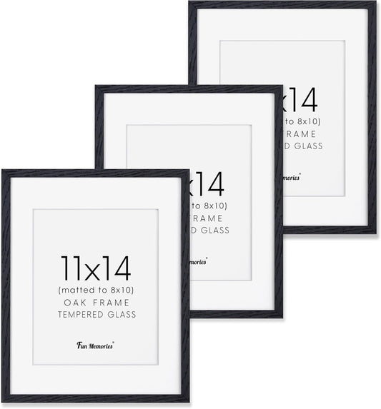 Fun Memories Black Picture Frames 11x14 Set of 3, Light Wood 11 x 14 Frames for Wall, Solid Oak Wood Frame 11 by 14 with Tempered Glass, 11x14 Frame with Mat for 8x10, Black 11x14 Poster Frames