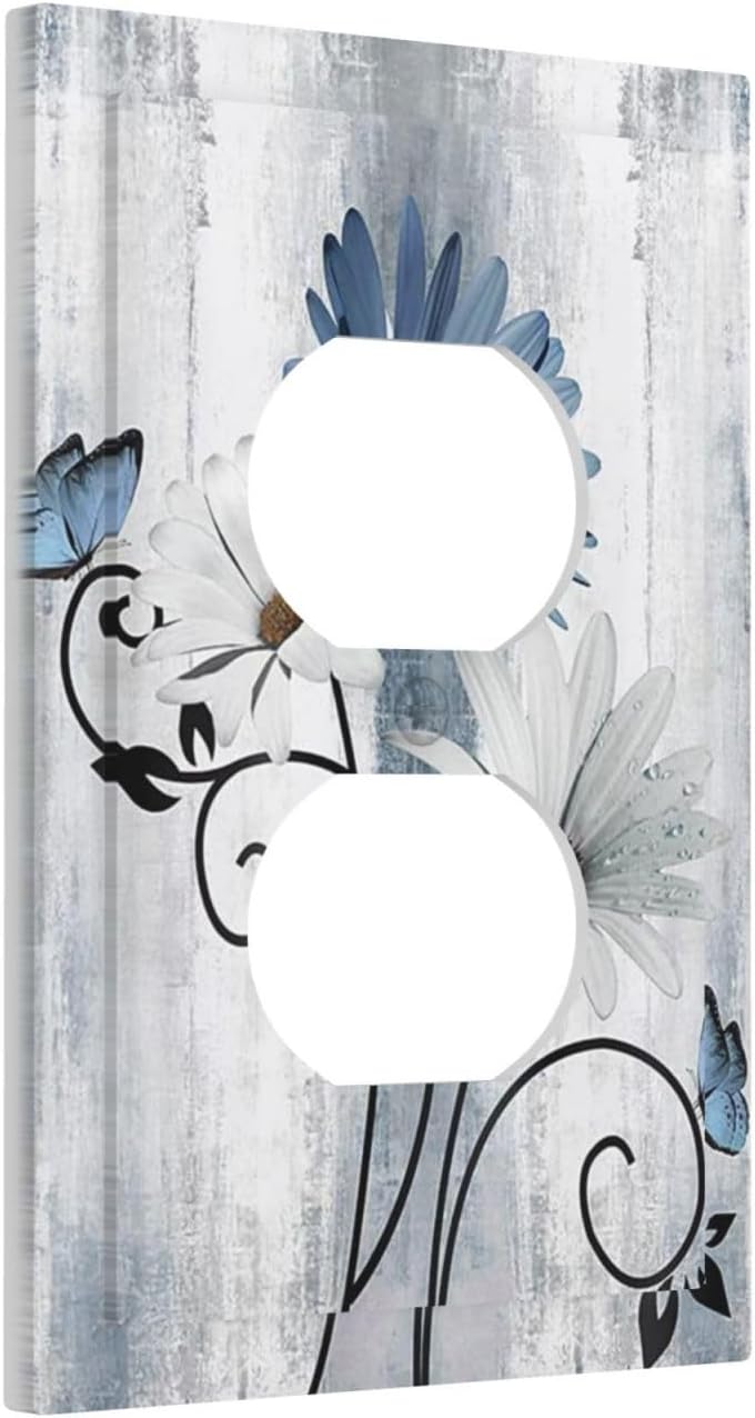 Decorative Outlet Covers Rustic Blue White Daisy Ink Flower 1 Gang Duplex Light Switch Cover Plate Unique Wall Plates for Electrical Outlets Switch Plate Covers for Bedroom Home Decor