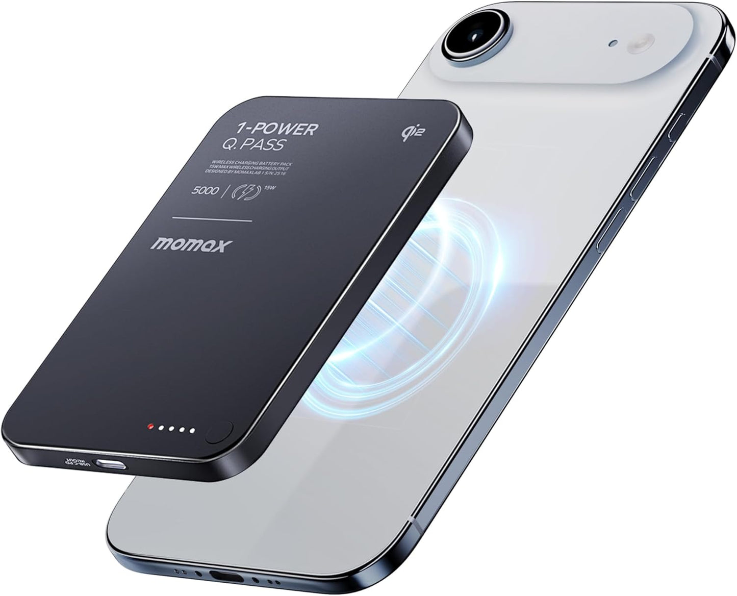 MOMAX Q.Pass Magnetic Power Bank, 5000mAh Slim Portable Charger Qi2 Certified 15W Ultra-Fast Charging Battery Pack for iPhone Air/17 Pro Max/17 Pro/16/15/14/13/12 (No Lighting)