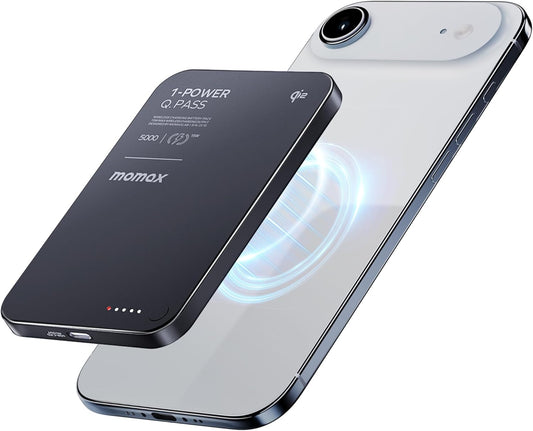 MOMAX Q.Pass Magnetic Power Bank, 5000mAh Slim Portable Charger Qi2 Certified 15W Ultra-Fast Charging Battery Pack for iPhone Air/17 Pro Max/17 Pro/16/15/14/13/12 (No Lighting)