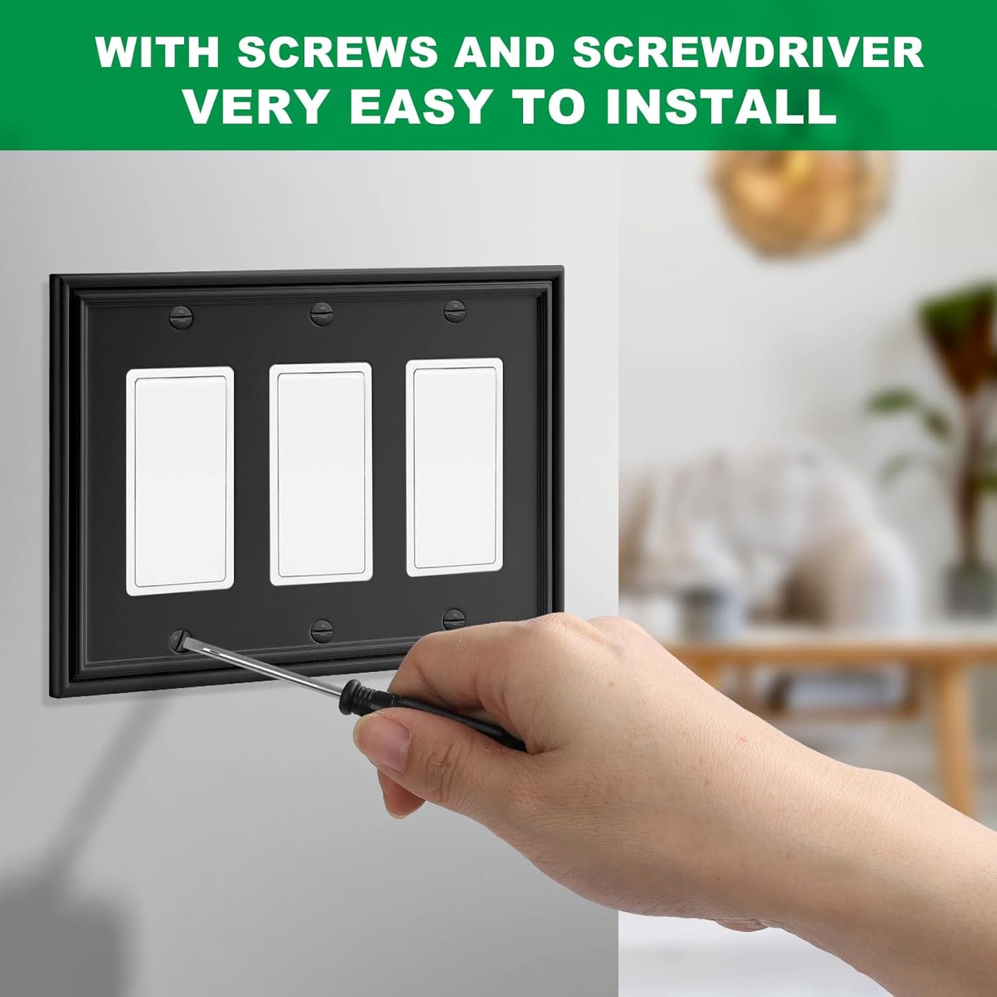 Black Modern Decorative Wall Plate Light Switch Cover Decorator Outlet Covers Rocker Switch Plates Bamboo Fiber Material Wall Plates for Kitchen Bathroom (3 Gang Triple Decorator-1 Pack)