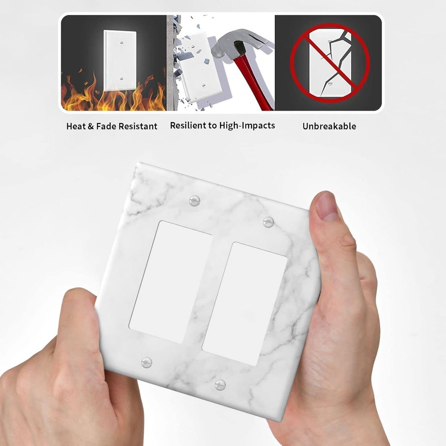 White Marble Pattern Wall Plate Decorative Double Rocker Outlet Light Switch Cover 2-Gang Decorator Art Print Faceplate for Bedroom Kitchen Kids Room Decor 4.6" X 4.5"