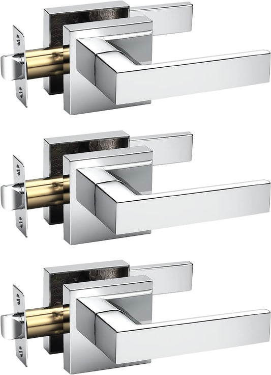 KNOBWELL 3 Pack Interior Door Knob with Lever Hallway Closet Door Handle Polished Chrome‌ Square Passage Handleset