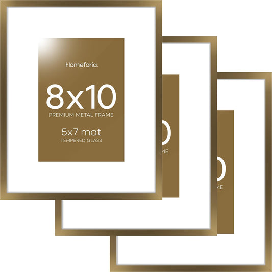 Homeforia Bronze Picture Frames 8x10, High End Metal 8 x 10 Photo Frame with Mat 5 x 7 Art, 10x8 Brass Frame Matted to 5x7 inch Print, 8by10 Wall or Tabletop Frames, Tempered Glass, Wall Kit, Set of 3