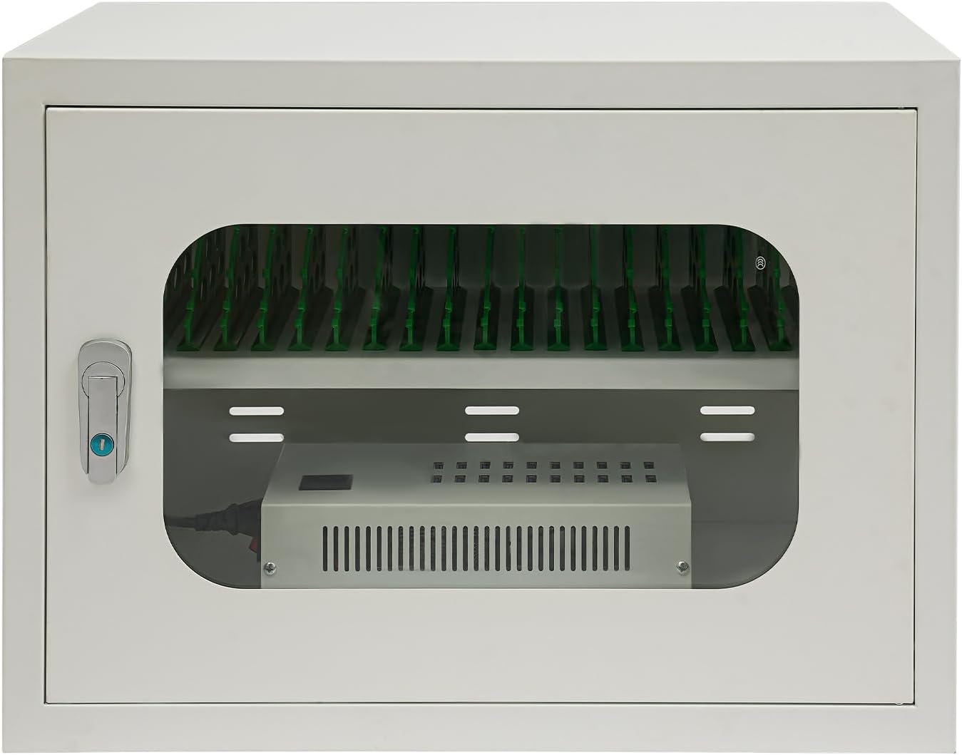 20 Device Charging Station Cabinet with Lock - 200W Multi-Port US Outlet for Phones & Tablets - Wall Mount/Desktop Secure Charging Locker for Schools, Gyms, Hotels - Tempered Glass Door (5V/2A Port)
