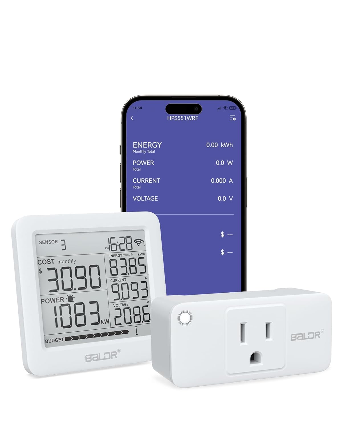 BALDR Wi-Fi Home Power Monitor Socket - Wifi Smart Outlet, Electricity Usage Meters Smart, Watt Meter, Home Energy Monitor, Plug In Power Meter, Need Hub to Work(Sold Separately) - 2.4GHZ Network Only