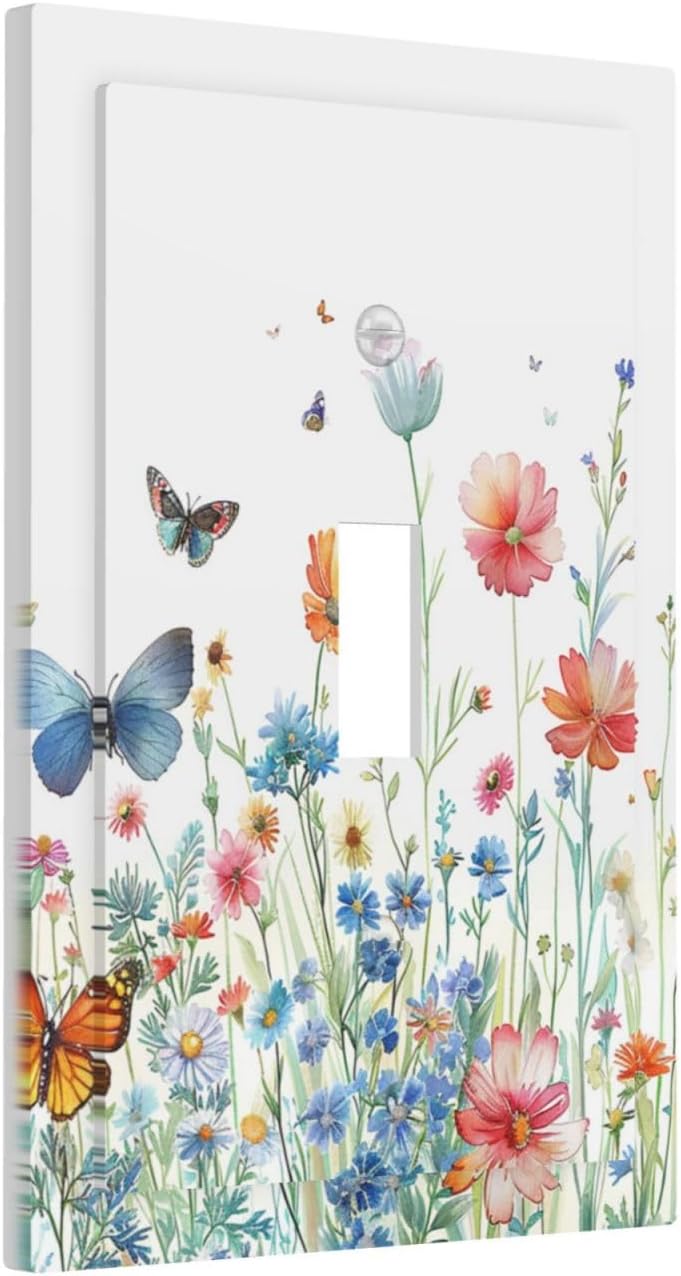 Decorative Light Switch Cover Plate Rustic Wildflower Blue Pink Floral Butterfly 1 Gang Single Toggle Wall Plates for Electrical Outlets Outlet Covers Switch Plate Covers for Home Decor
