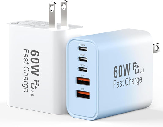 USB C Fast Charger Block, 60W 5-Port USB C Wall Charging Blocks, Type C Chargers Fast Charging Brick, 3USB C+2USB A PD&QC3.0 Multiport Charger Plug for Phone 17/16/15/14/13 ProMax, White+Blue Gradient