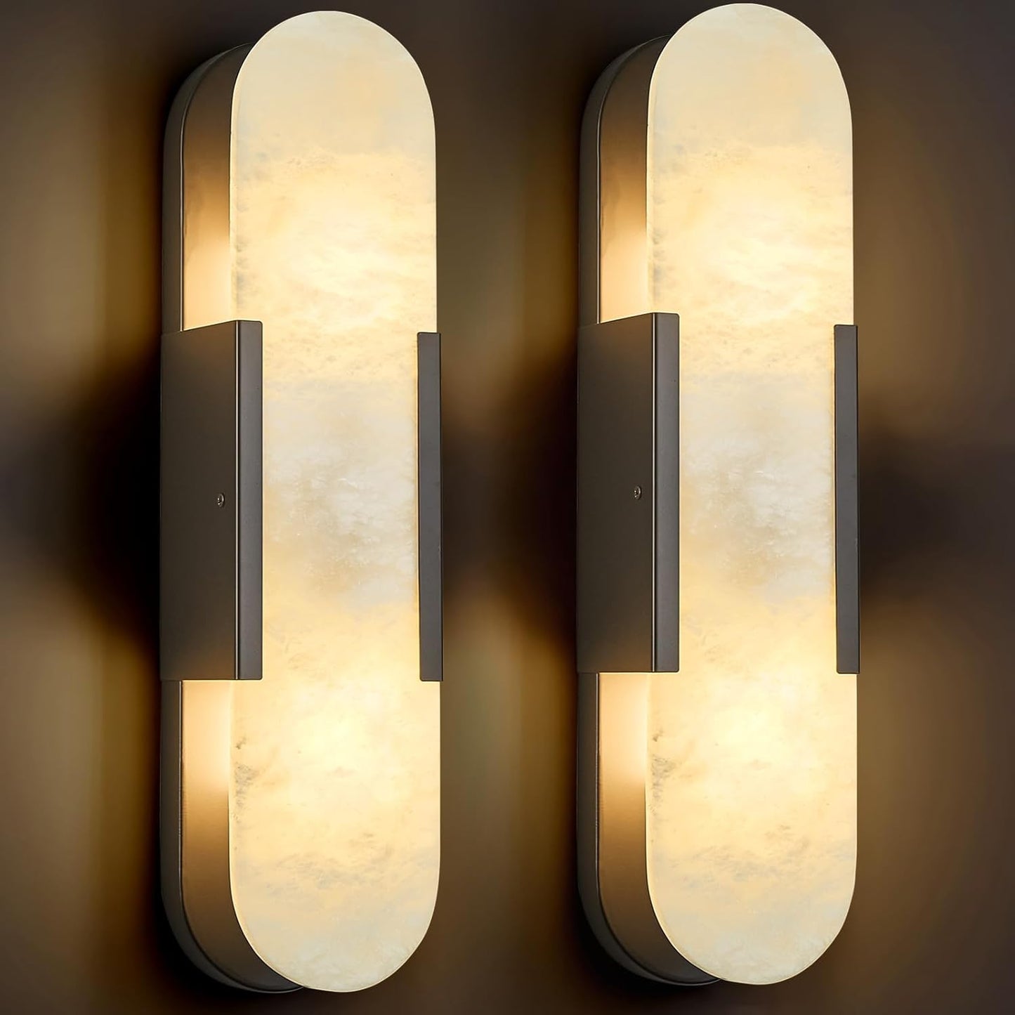 Alabaster Wall Sconces Set of Two, Modern Natural Marble Wall Sconces for Indoor Lighting, 19.7 in Black Wall Lights for Bathroom Dining Room Stairs Bedroom
