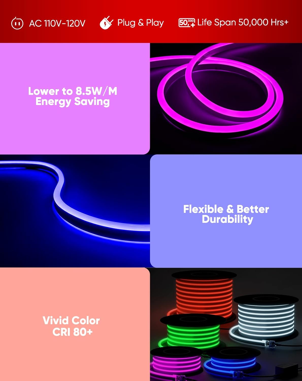 Shine Decor LED RGB Neon Rope Lights AC 120V, Expandable & Cuttable Bright Strip Lighting with Remote, Dimmable Color Changing, ETL Cold-Resistant & IP65 Waterproof for in&Outdoor, 10x20mm, 98.4FT