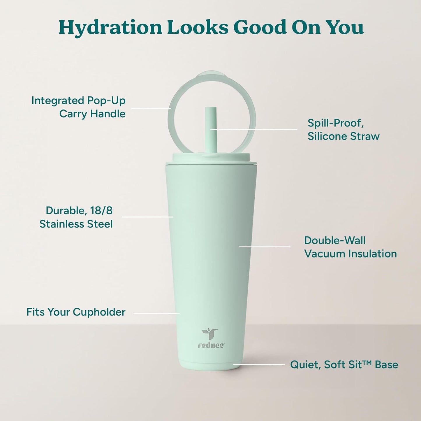 REDUCE Halo 32 oz Stainless Steel Vacuum Insulated Tumbler - Spill Proof Travel Mug with Flip Handle Lid - Keeps Drinks Cold for 32 Hrs - Dishwasher Safe - Cupholder Friendly - Sea Glass