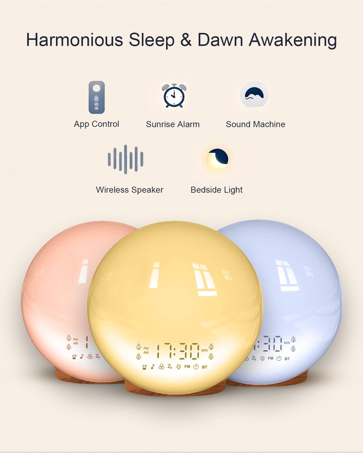 Smart APP Sunrise Alarm Clock with 4 Alarms & Natural Sounds for Heavy Sleepers, App No Signup, Wake Up Light, 11 Night Ligh, Sleep Aid 7 White Noise Machines & FM, Wireless Speaker (Wood Grain, 1PCS)