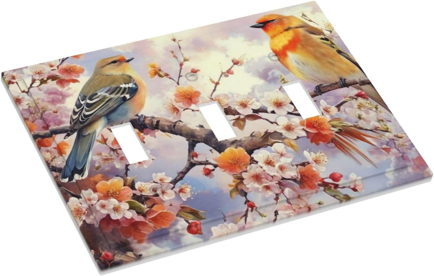 Birds Sitting on Flowers Tree Branch Light Switch Covers 3 Gang Triple Toggle Wall Plate Decorative Switch plate Electrical Faceplate for Farmhouse Living Decor