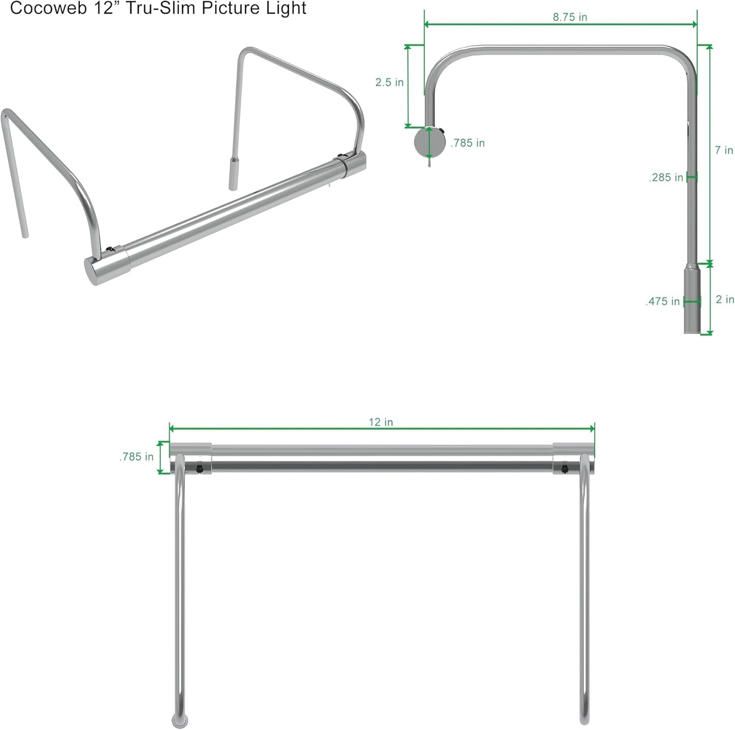 Cocoweb 12 Inch Tru-Slim Chrome Picture Light - LED, 2700K, Adjustable Arm, Plug-in, Toggle Switch, Sleek and Compact Design