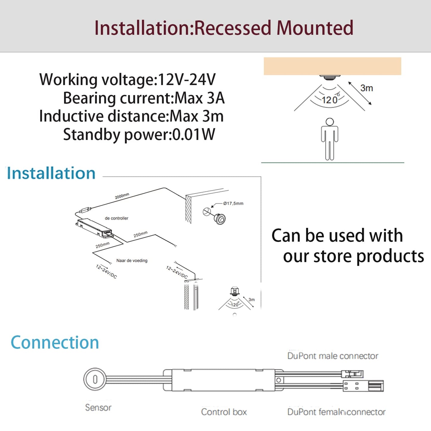 VST Motion Sensor Light Switch, Proximity Sensor Switch, Led Light Automatic Witch for Closet Light Under Cabinets Counters Closets Wardrobes with 12V JST Male and Female (DC 12-24V)