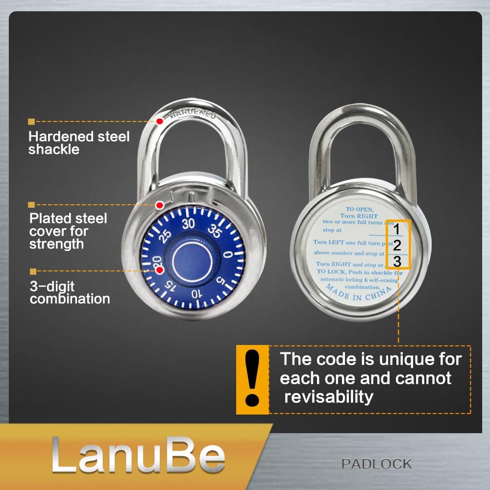 LanuBe Standard Dial Combination Lock, 2 in. Wide, with Different Combinations, Blue Turnplate, Pack of 24; Lock for School, Employee, Gym Sports Locker, Case, Toolbox and so on