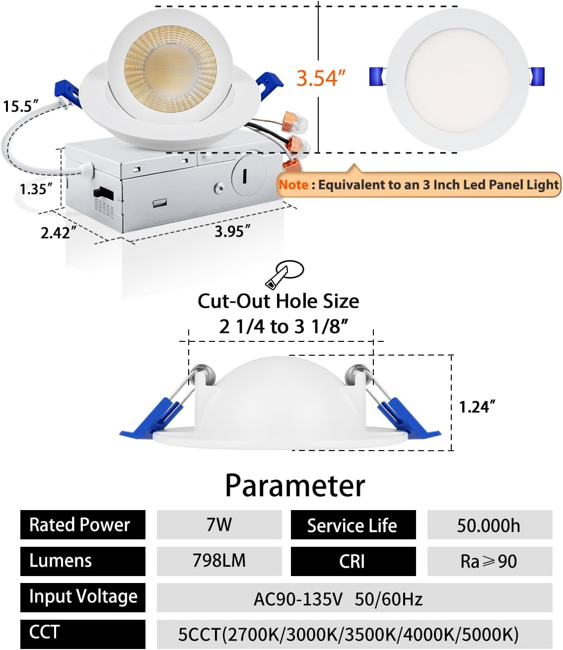 Adetu 3 Inch 5CCT Gimbal Led Recessed Lighting with Junction Box, 2700K/3000K/3500K/4000K/5000K Selectable, 7W Eqv 80W, 360°+90° Adjustable Recessed Lights, 800LM Brightness - ETL (White, 6 Pack)