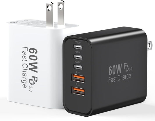 USB C Fast Charger Block, 60W 5-Port USB C Wall Charging Blocks, Type C Charger Fast Charging Brick, 3USB C+2USB A PD&QC3.0 Multiport Charger Plug for iPhone 17/16/15/14/13 Pro Max, Pad, White+Black