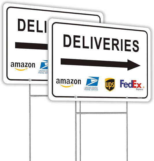 Deliveries Sign with Stake 12”x8” Delivery Sign with Arrow Right Aluminum Metal Delivery Instruction for Packages Easy Installation for Home