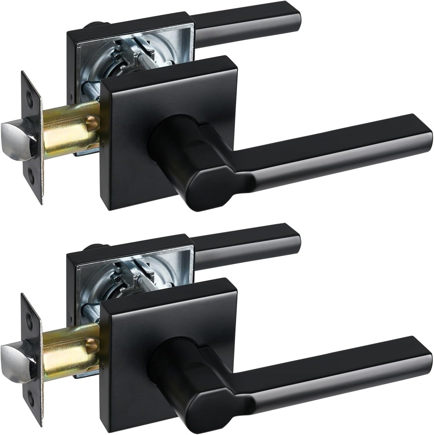 Passage Door Lever (No Lock), Heavy Duty Interior Square Handle for Hallway and Closet, Matte Black, Reversible for Right&Left Handed, 2Packs