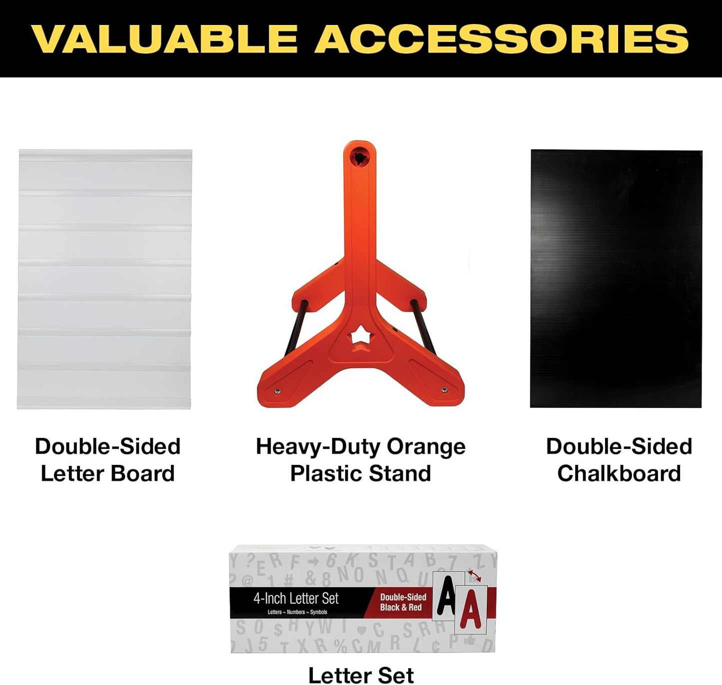 Swinging Changeable Message Sidewalk Sign: 24" x 36" Sign with 792 Pre-Cut Double Sided Letters and Storage Box. Includes Black Board & Letter Board (Orange Color Legs)