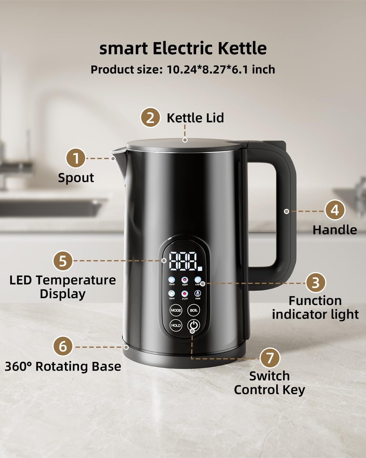 Electric Kettle with Temperature Control, 1.7L Cordless Kettle with 5 Presets, 2H Keep Warm, 304 Stainless Steel, BPA-Free, for Tea, Coffee & Baby Formula, Black