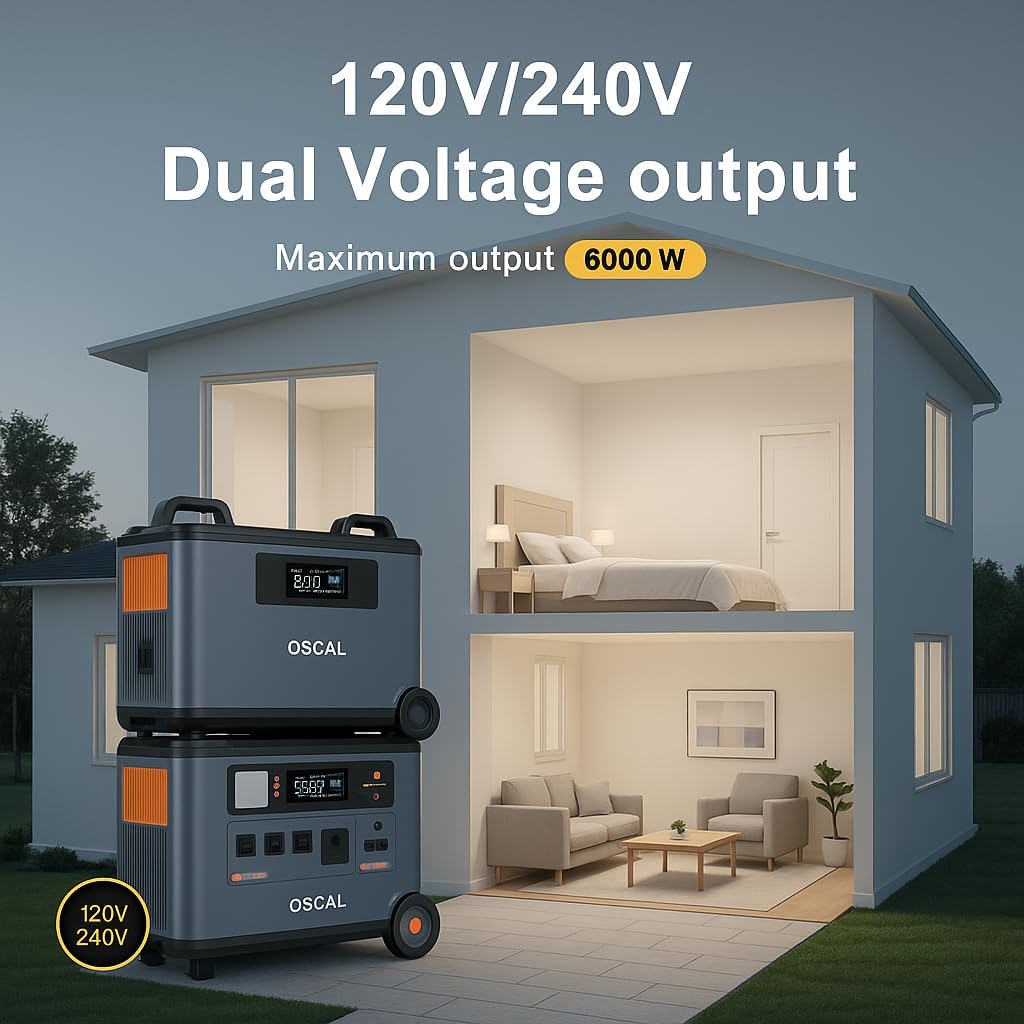 3600Wh/6000W Solar Power Station,OSCAL PowerMax 6000 Solar Generator, 120V/240V Split Phase Voltage AC Outlets (9000W Peak), 2400W Solar Charging,Emergency for Home,Battery Backup