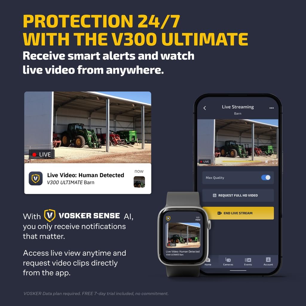 Vosker V300 Ultimate 4G-LTE Autonomous Outdoor Security Camera with External Solar Panel | High-Capacity 15,000 mAh External Solar Power Bank | SIM Cards Included | No WiFi Needed | Live Streaming