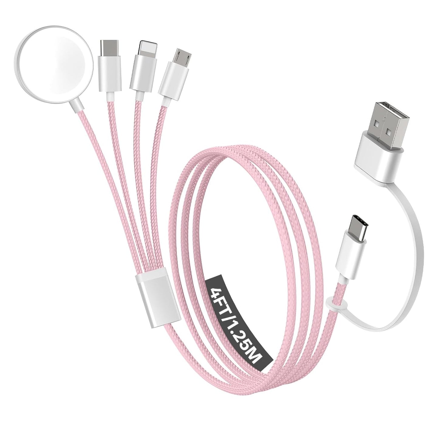 Travel Essentials, 4 in 2 Multi Charging Cable for Apple Watch Charger/iPhone Charger,USB C Cable Cord for iPhone 17-11/iWatch Ultra/10-2/Galaxy S25-S20, Android Phones, Kindle, MP3-Pink,4FT