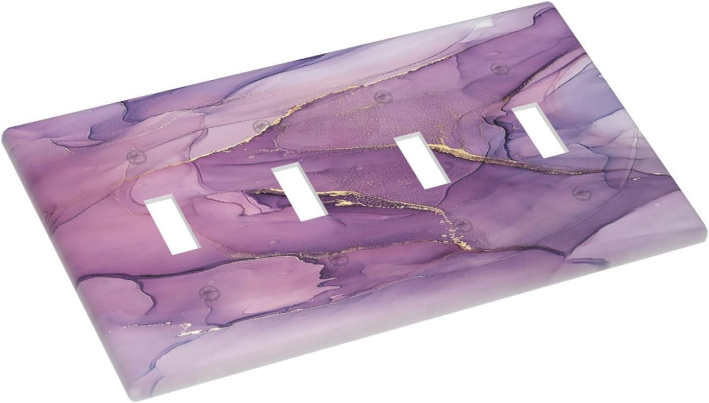 Light Switch Covers Purple Marbling Golden Line Quad Toggle Electrical Faceplate 4 Gang Wall Plate Decorative Switch Plates for living Room Bathroom Decor